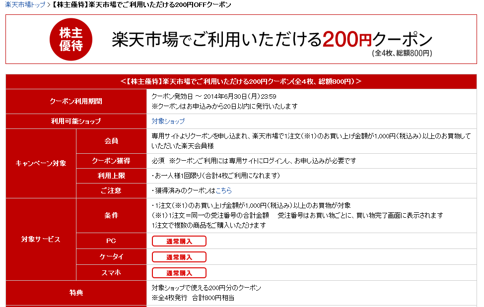 楽天株主優待クーポン2014-1